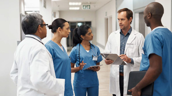 Healthcare professional stands behind woman patient who is sitting, and gently touches the front of the patient's throat.