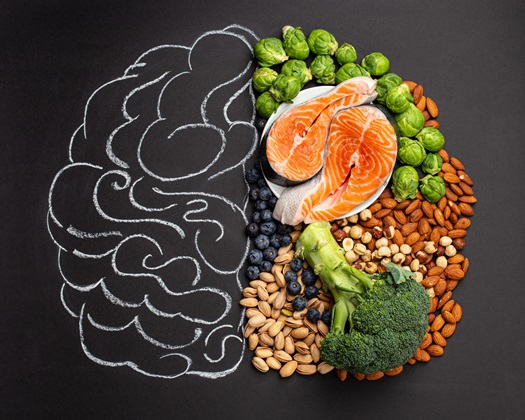 image of brain with right lobe filled with types of food