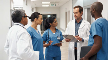 A group of healthcare professionals gathered in the hallway of a care center to discuss patient results.